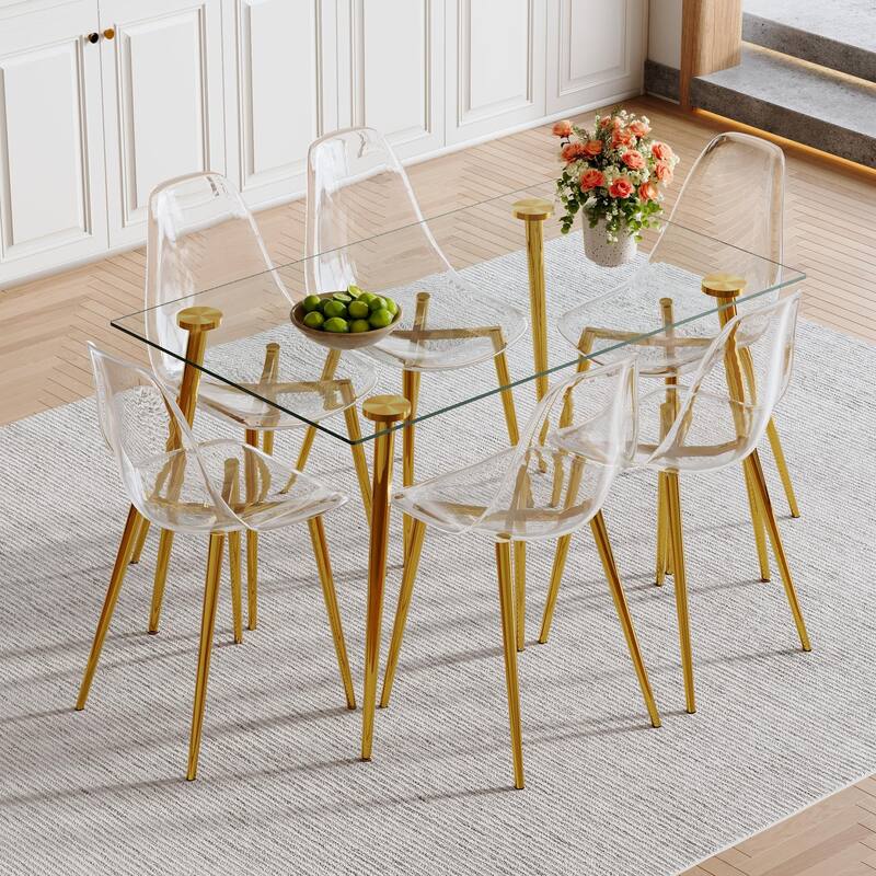 Modern Luxurious Rectangular Tempered Glass Dining Table Set- with 6 Transparent Plastic Chairs with Gold Metal Legs - Gold,Transparent