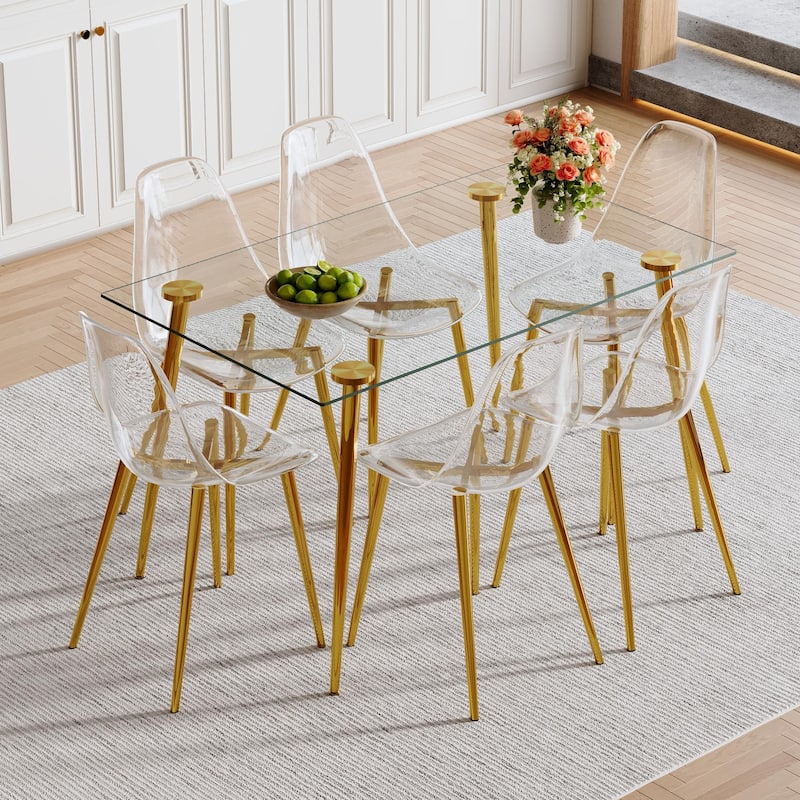 Modern Luxury Rectangular Tempered Glass Dining Table Set with 6 Transparent Chairs and Gold Legs