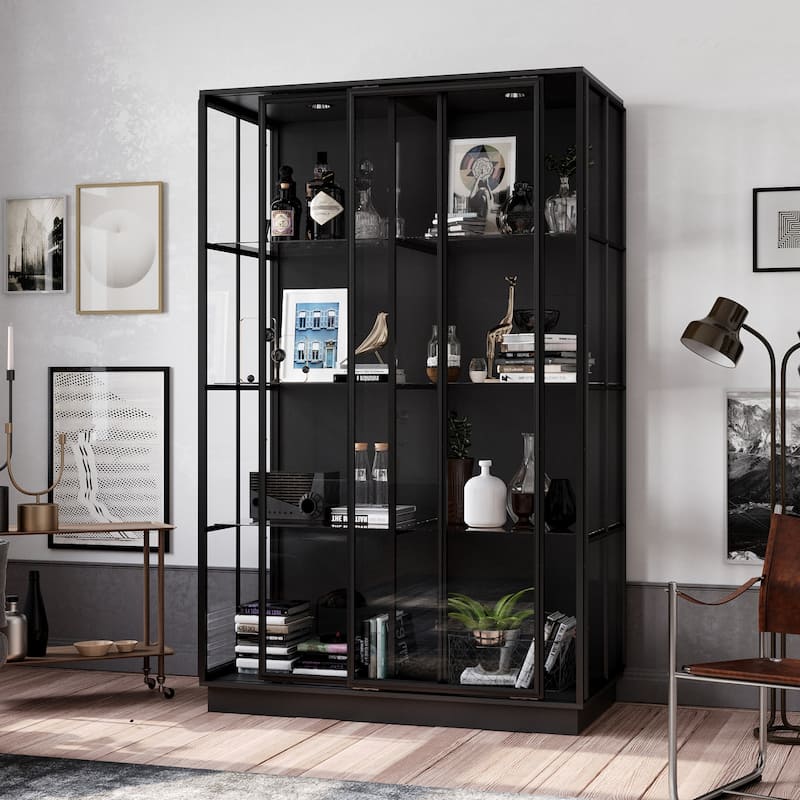 Modern Glass Curio Display Cabinet 4 Tier Display Case With lights & Doors