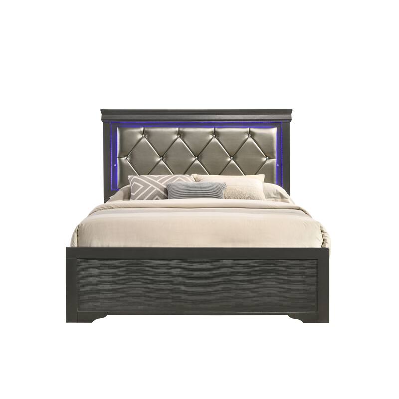 Modern Twin Size LED Bed with Wood Frame in Gray - Gray