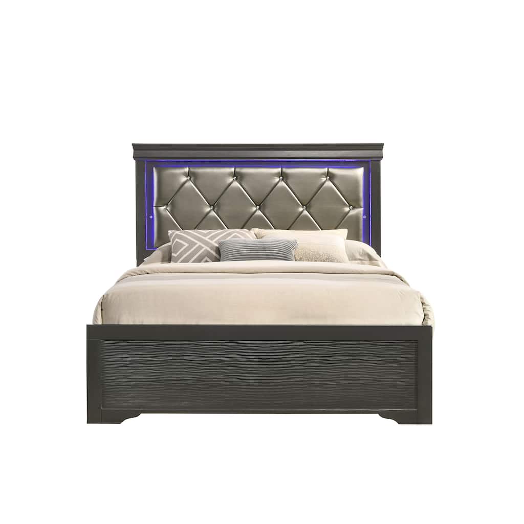 Modern Twin Size LED Bed with Wood Frame in Gray