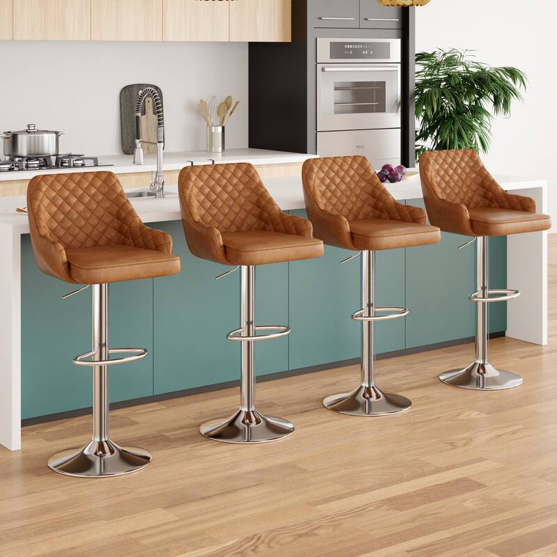 Javlergo 4-Pack Adjustable Bar Stools 24.4" to 32.7" Height Range with Footrest & Diamond Quilted Half-Back Counter Stools Set - Brown