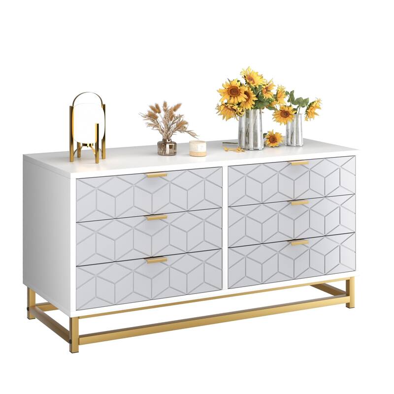 6 Drawer Dresser, Wide Wood Chest with Metal Legs, Modern Storage Cabinet for Bedroom, Living Room