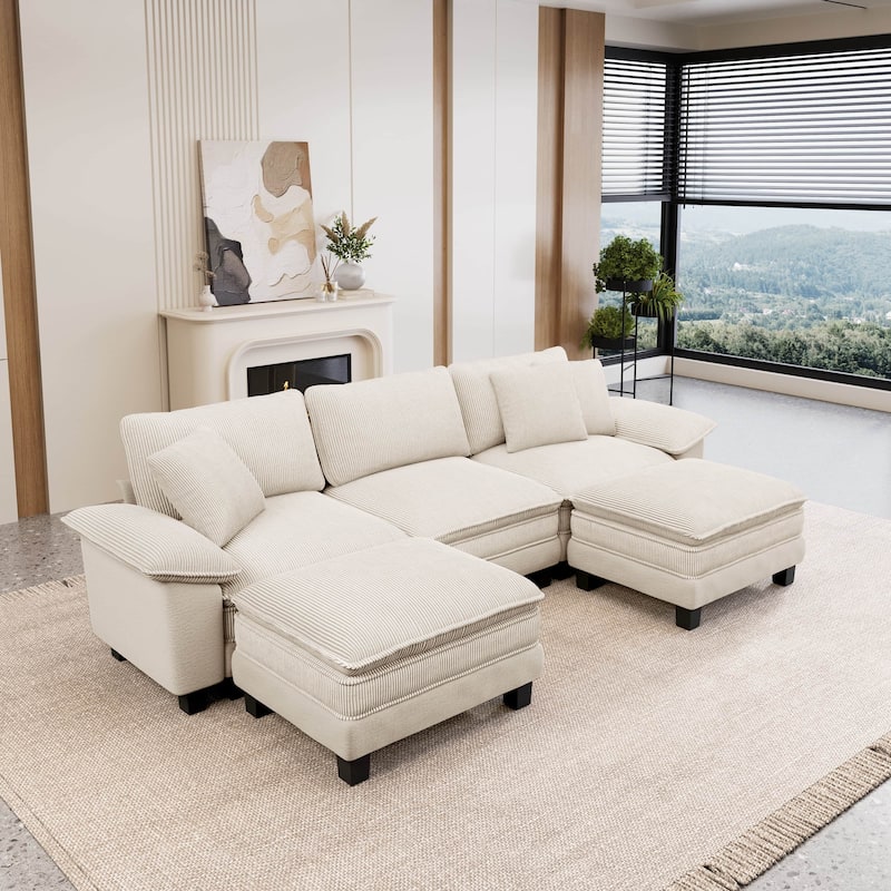 MAISON ARTS Modular Cloud Sectional Sofa, Comfy L- or U-Shaped Couch with Ottomans & Pillows, 4–6 Seat Living Room Sofa - Off-White ( 5 Pieces ) - Symmetrical