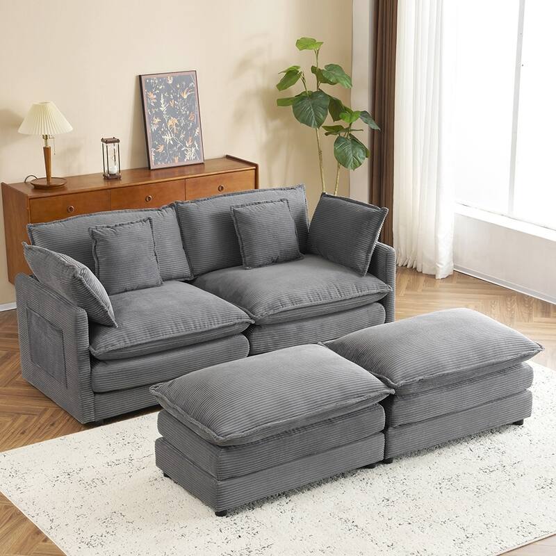 75.6" Compact L-Shape Sectional, Corduroy Modular Sofa with Pockets