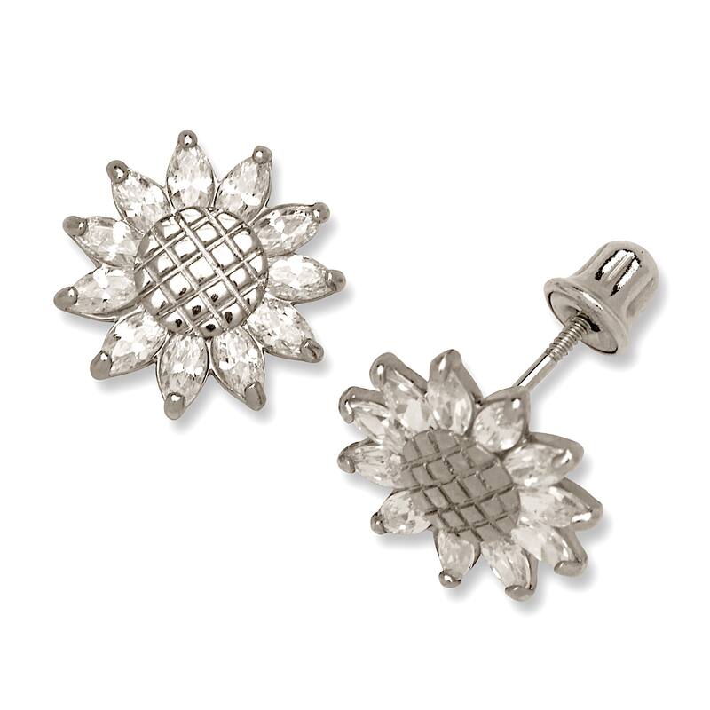 Curata 14K Gold Cubic Zirconia Textured Sun Flower Screw Back Earrings - White - White