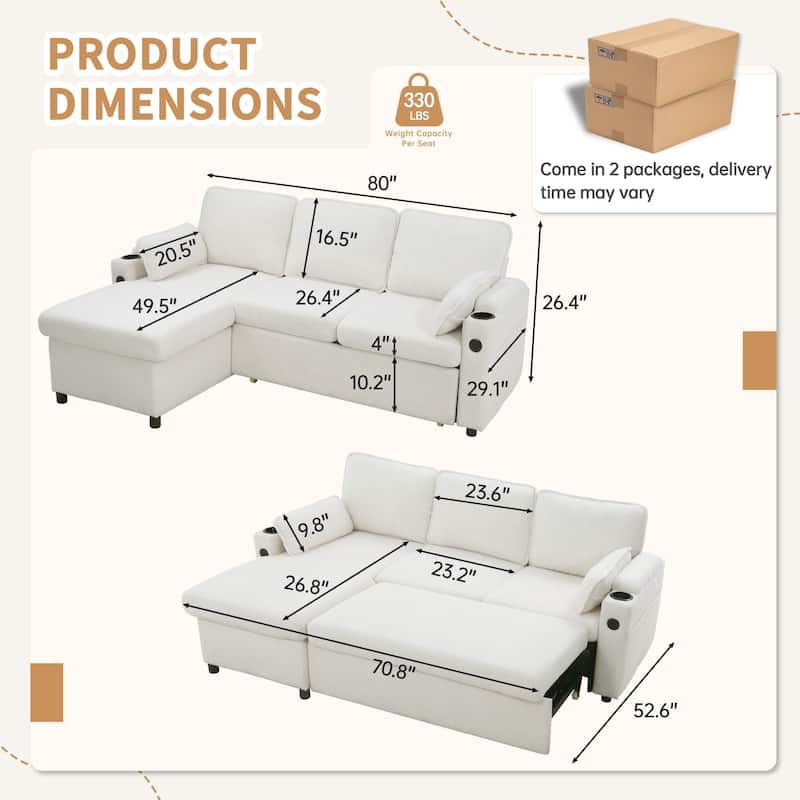 80" L-Shaped Sofa Couch Bed, Sofa Sleeper with Pull Out Bed, Reversible Sleeper Sofa Bed