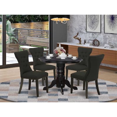 HomeStock 5-Piece Round Black Finish Solid Wood Top Dining Table with 4 Upholstered Chairs with Lattice Back