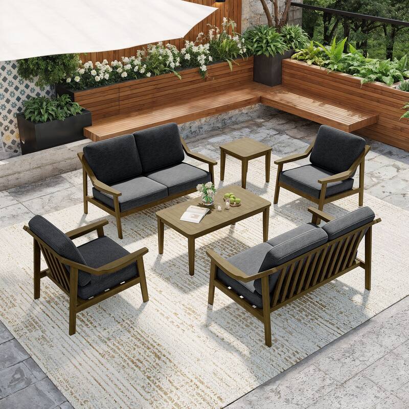 6-piece Wood Patio Chat Set Teak Conversation Set with Cushion - Dark Grey - Brown Wood