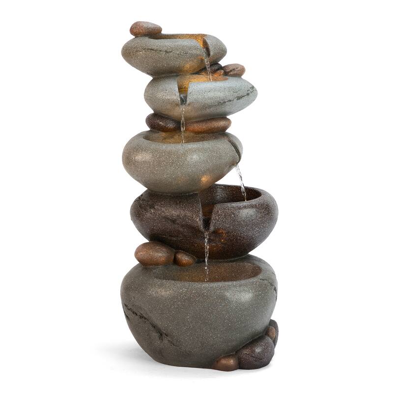 Glitzhome 24.5"H 5-Tiered Zen Style Stacked Pebbles Polyresin Outdoor Fountain with Pump and LED Light