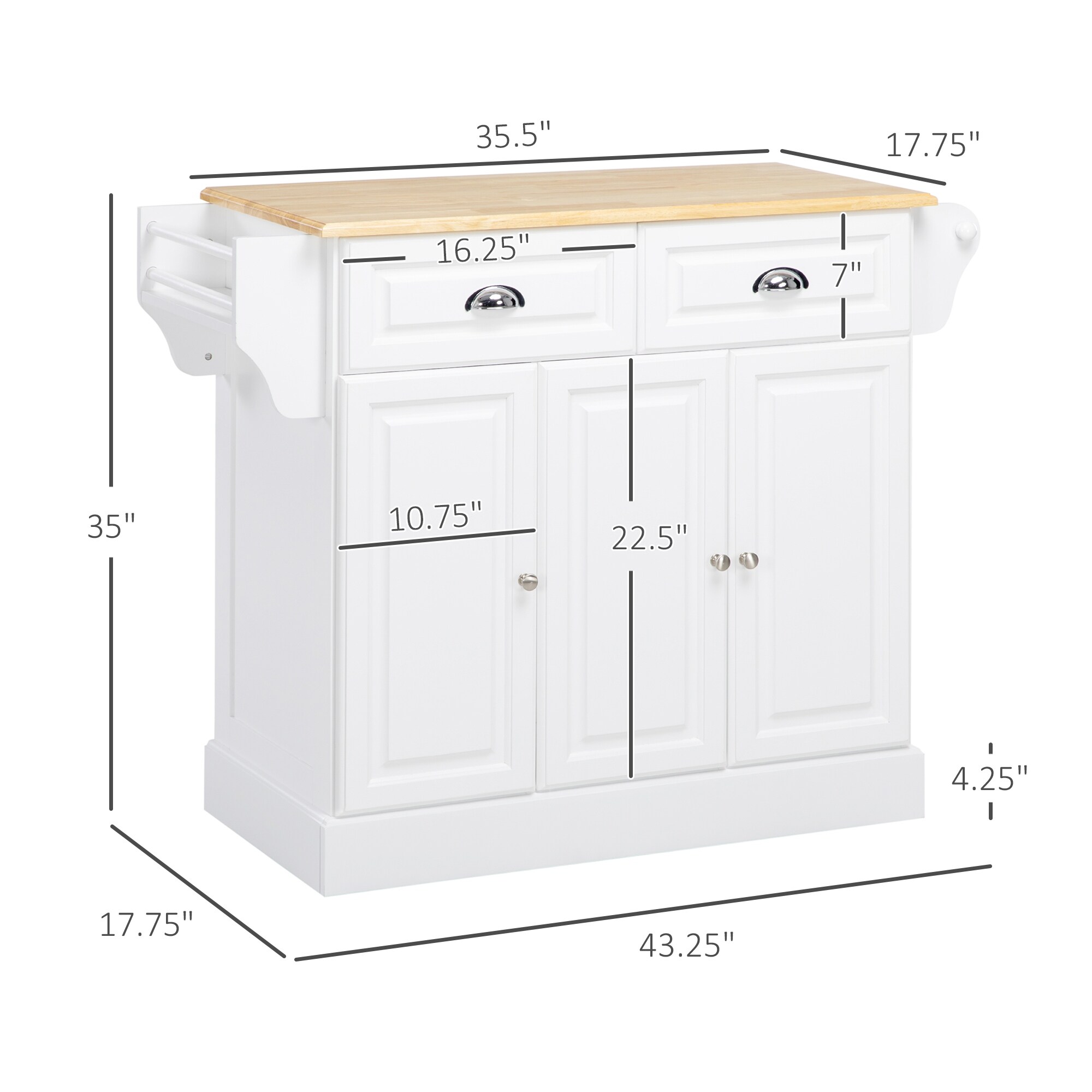 HOMCOM Kitchen Island With Rubber Wood Top - Rolling Serving Cart, Gray, 43.25" X 17.75" X 35.75"