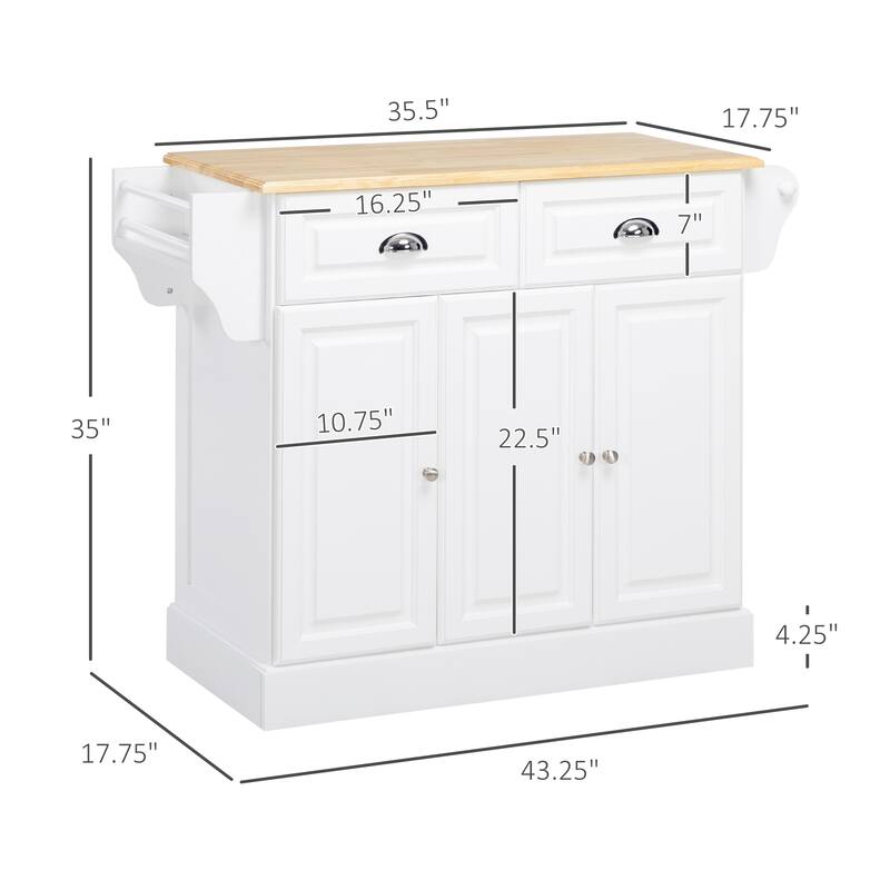HOMCOM Kitchen Island With Rubber Wood Top - Rolling Serving Cart, Gray, 43.25" X 17.75" X 35.75"