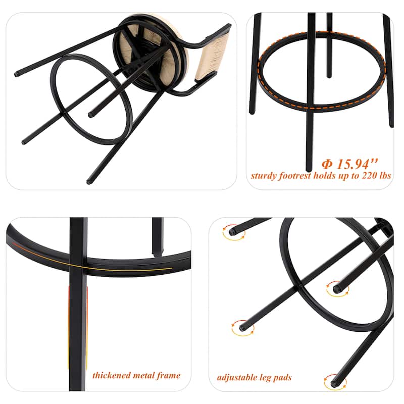 Metal Frame Swivel Bar Stools Set of 2, Hand Woven Paper Rope Counter Stools with Footrest for Kitchen Counter, Dining Room
