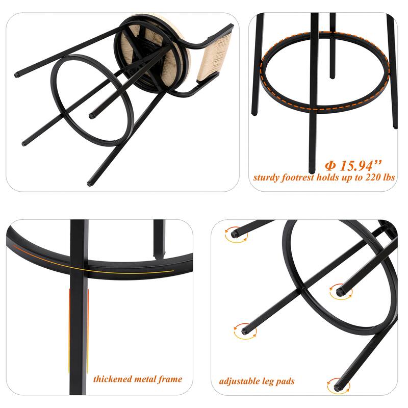 Modern Bar Stools Swivel Counter Chairs with Metal Frame Set of 2 Hand Woven Paper Rope Dining Barstools for Kitchen Counter