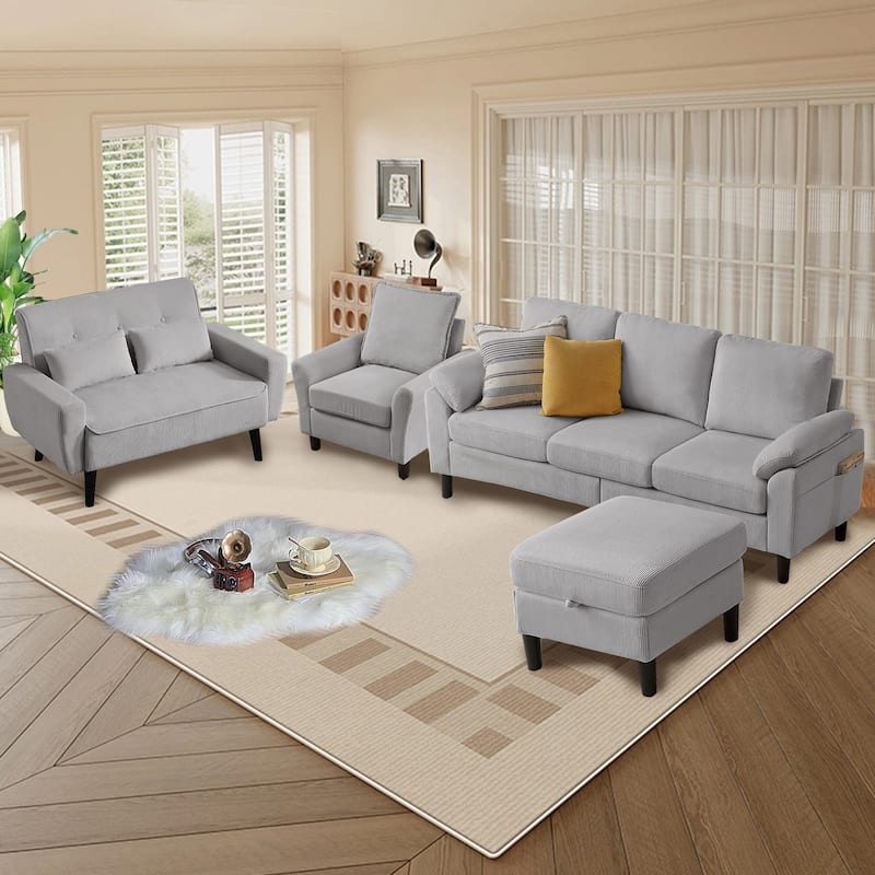 4-Piece Corduroy Living Room Sectional Sofa Set with Loveseat and Chair