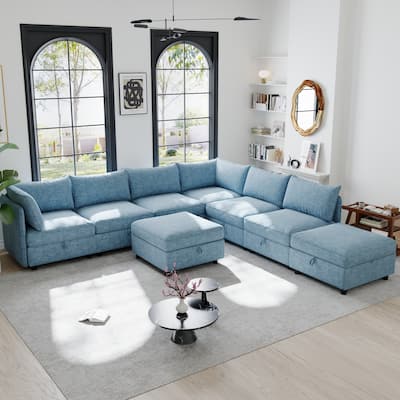 Modular Convertible Sleeper Sofa with Storage, Antique Blue, 129x124x32 inches, 353 lbs