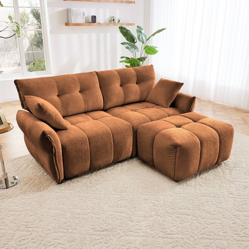 Chenille Fabric Loveseat Sofa with Ottoman, Minimalist Living Room Couch, Modern Flared Arms 2-Seater Sofa for Apartment