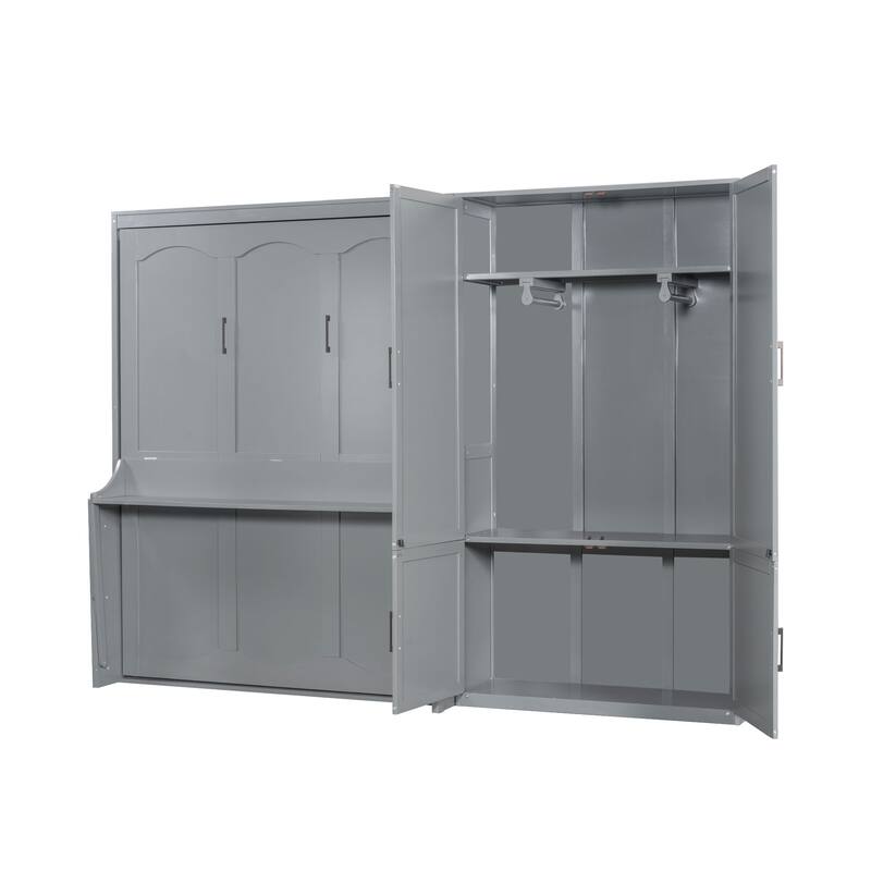 Queen Size Wall Bed with Closet and Hydraulic Lift System, Space-Saving Design, Gray