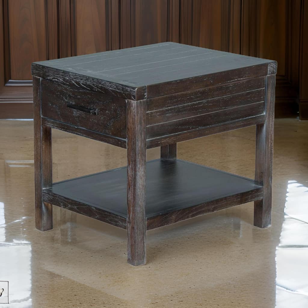 Nikay Side End Table, 1 Drawer, Shelf, Dark Brown Mindi Wood, 26 Inch