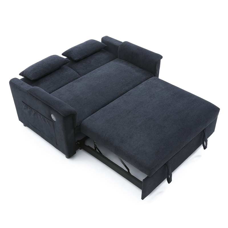 55"Velvet Two Seater Pull Out Sofa Bed,Adjustable Backrest With Usb Ports,3 In 1 Convertible Sleeper Sofa Bed,2 Waist Pillows