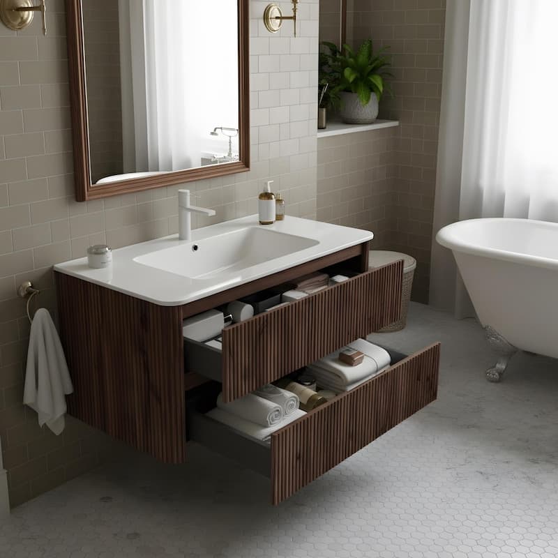 Floating Stripe Bathroom Vanity with Ceramic Sink
