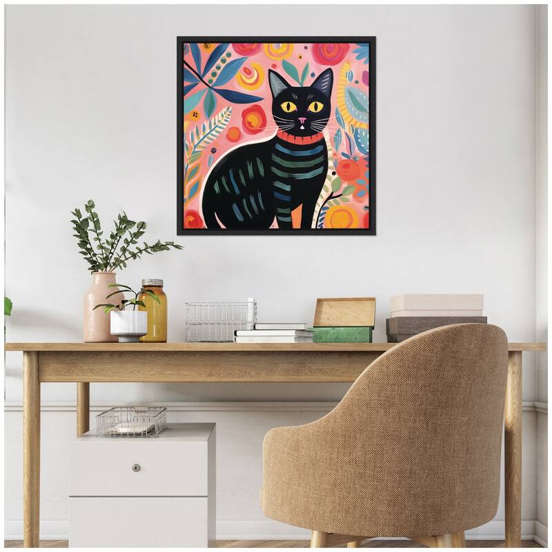 Kate and Laurel Sylvie Black Cat Botantical Pink Framed Canvas by The Creative Bunch Studio