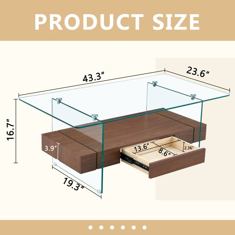 43.3 Inch Double Layer Coffee Table Storage Side Table with Open Storage Shelves, Drawers Glass Center Table End Table
