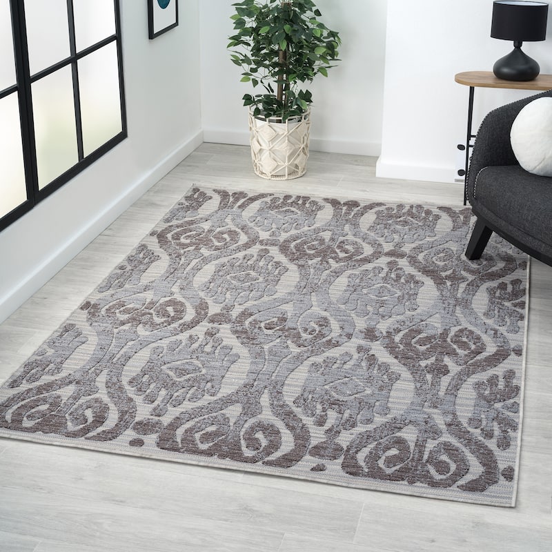 Sevita Blue/Gray Damask PET Yarn Indoor/Outdoor Area Rug
