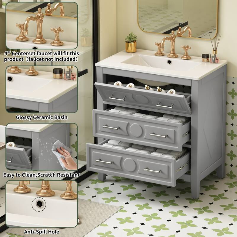 Free Standing Retro Carved Pattern Bathroom Vanity with Ceramic Sink, Tip-out Drawer, 2 Pull-out Drawers and Gold Handles