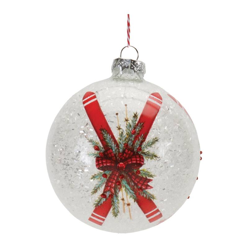Ski and Bow Glass Christmas Ball Ornaments - 5" (127mm) - Red and White - 6ct
