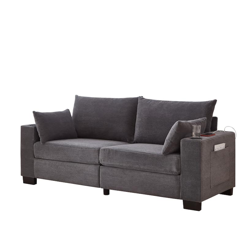 78" Corduroy 3-Seater Sofa with USB Ports, Cup Holders and Side Pockets