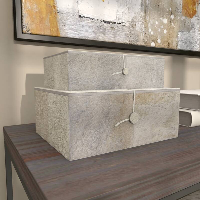 Gray Leather Handmade Box with Hinged Lid (Set of 2) - White or Gold