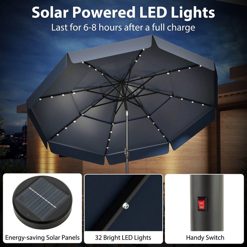 Costway 10 FT Solar Patio Umbrella with 32 LED Lights 3-Tier Vented