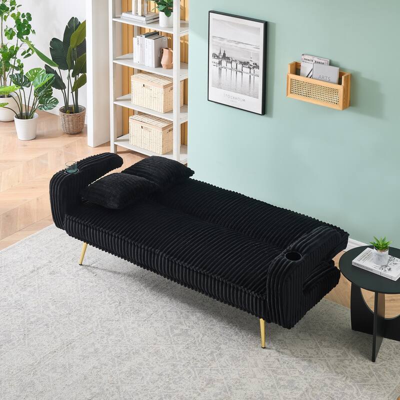 Straight-Row Corduroy Sofa With Throw Pillows, Featuring A Minimalist Style - Black