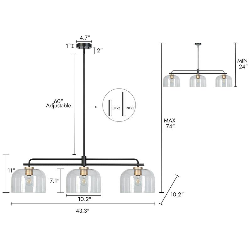 Modern Black Gold Pendant Clear Glass Kitchen Island Light Bowl-Shape Shade for Dining Room