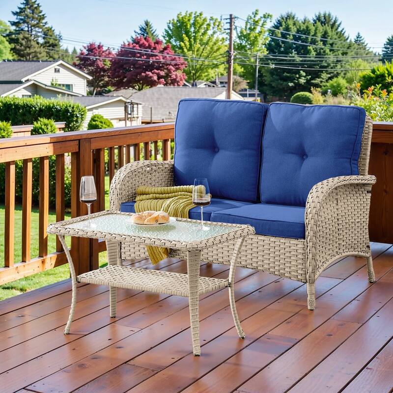 Pocassy Outdoor Patio Loveseat Sofa Couch with Coffee Table - Light Beige Wicker - Blue Cushion - Light Beige Wicker