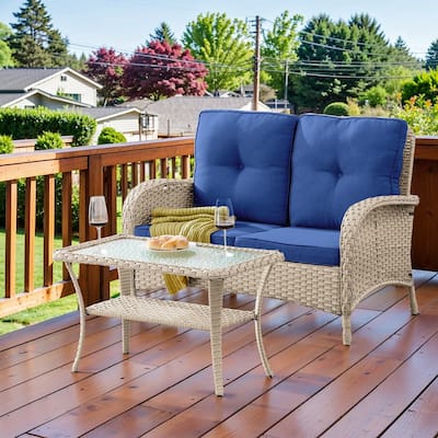 Pocassy Outdoor Patio Loveseat Sofa Couch with Coffee Table - Light Beige Wicker