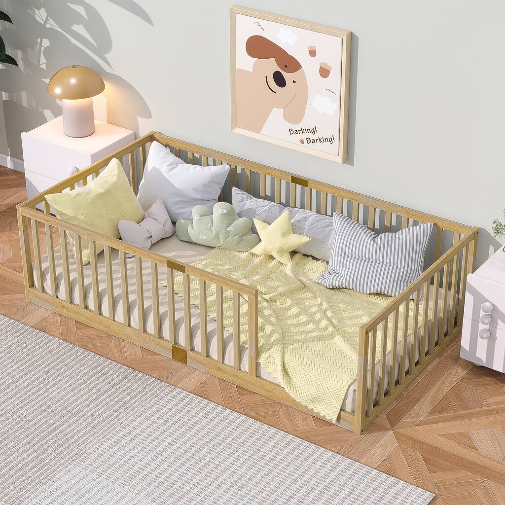 Twin Size Floor Bed with High Fence Railings, 6 Slats Included, Rubber Wood Floor Bed with Safety Guardrails without Door