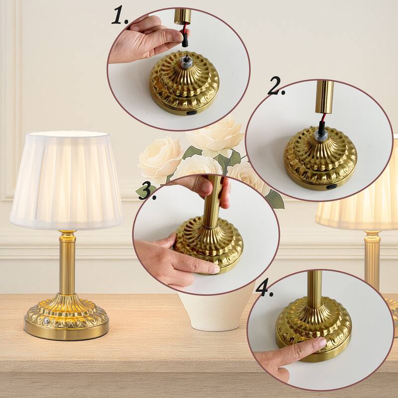 Brass Glam Cordless Fabric Shade Table Lamp Touch Control with 3 Way Classic Dimmable Rechargeable LED（2 Pack） - W6''