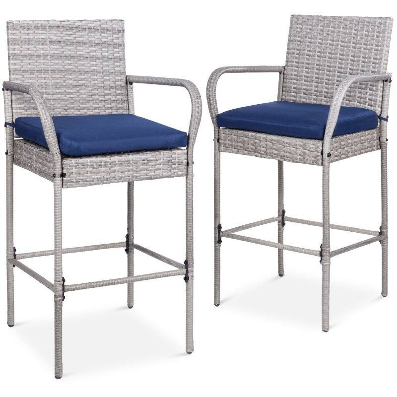 Set of 2 Wicker Bar Stools with Cushions, Indoor/Outdoor - 20" x 18.75" x 46"