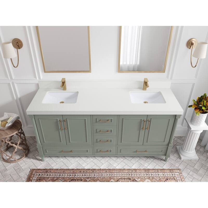 Willow Collections 72 in. W x 22 in. D Aberdeen Double Sink Bathroom Vanity with Countertops - 2" White Quartz - Evergreen