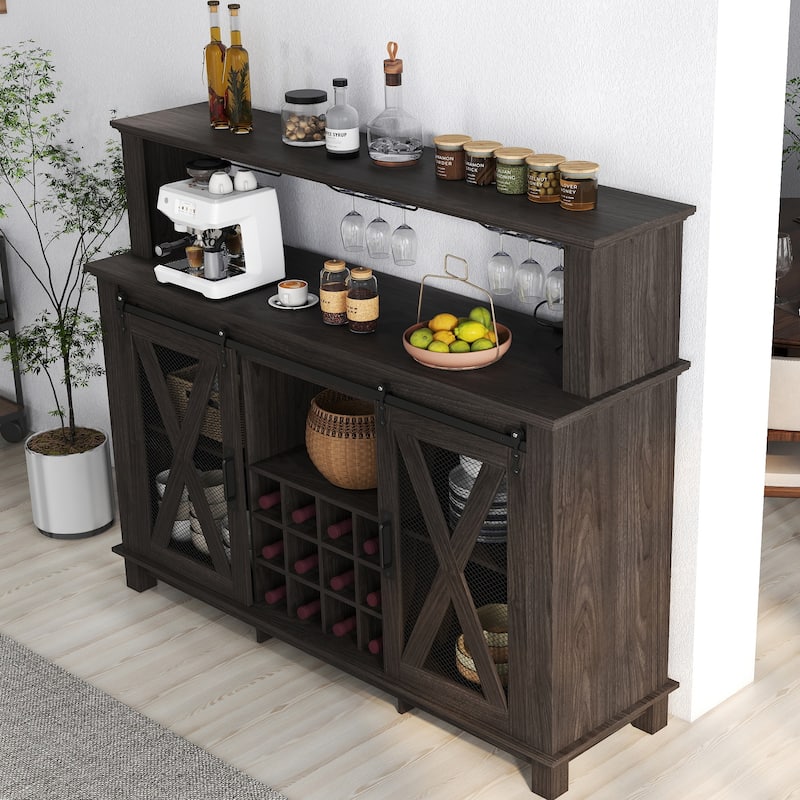 EROMMY Farmhouse Coffee Bar Cabinet with LED Lights, Sliding Barn Door, Wine Racks and Glass Holder, Home Liquor Cabinet