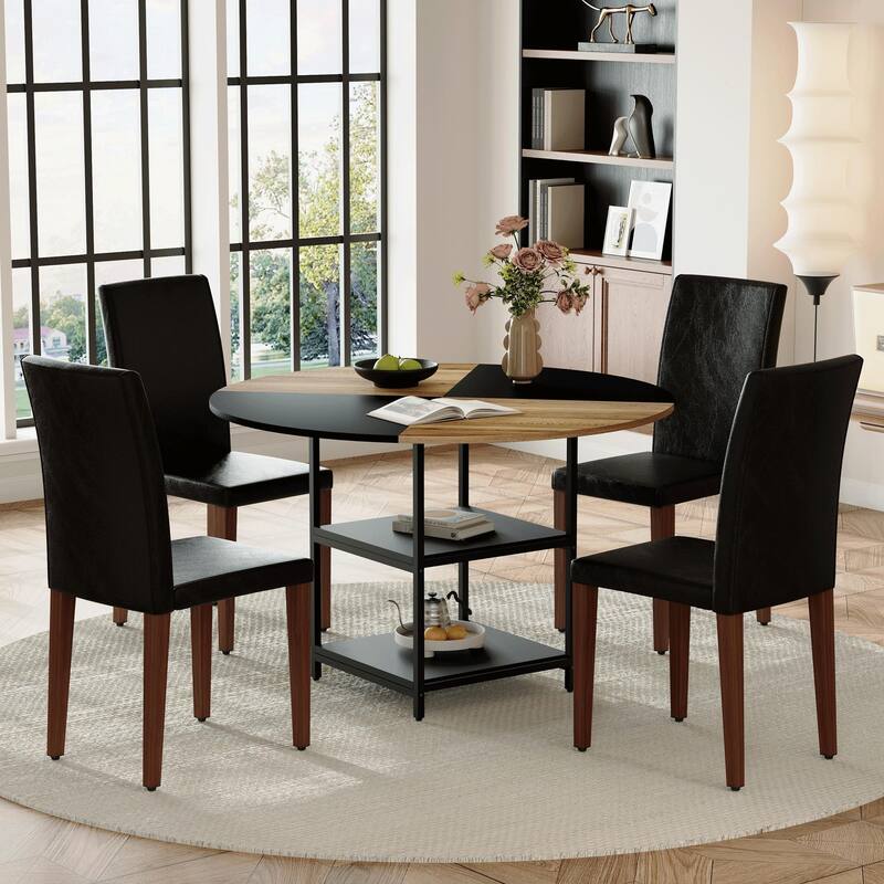 Roomfitters 5/7pcs Spliced Color Round Dining Table Set with Storage Shelf and PU Dining Chairs, Sleek and Comfortable, Black
