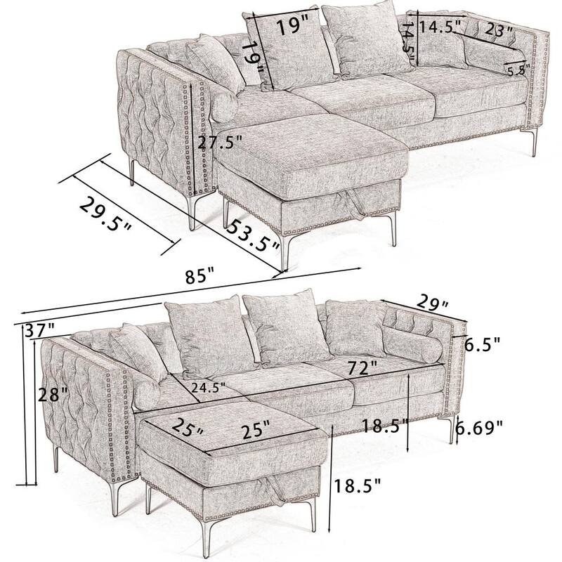 Modern Convertible Tufted Chenille L Shaped Sectional Sofa