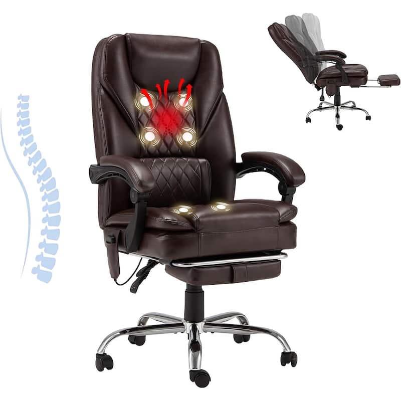 Ergonomic 6-Point Massage Office Chair with Heating, Reclining Function, Retractable Footrest, and Adjustable Armrests - Out of Stock - Brown