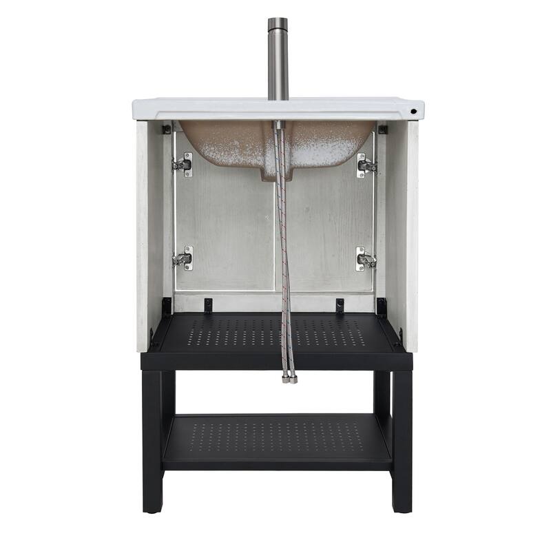 GDFStudio - CompactLine Modern Freestanding Bathroom Vanity with Ceramic Sink and Open Shelf - 24 Inch