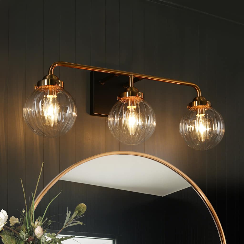 Modern Black Gold 3-Light Bathroom Vanity Light Wall Sconces with Ribbed Glass - L 21.5" x W 6.5" x H 8"