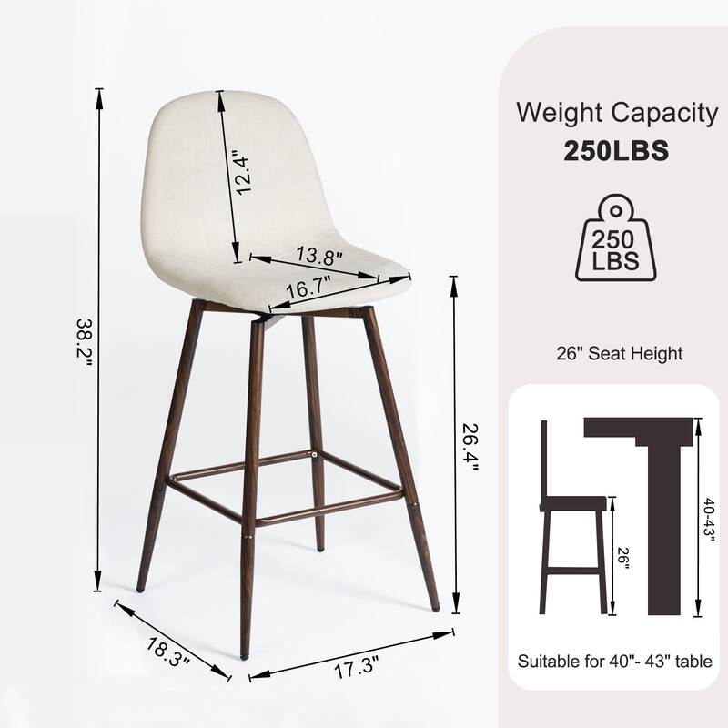 Homy Casa Set of 2 Fabric Counter Stools with Curved Back and Metal Legs - For Kitchen Islands and Counter Seating - N/A