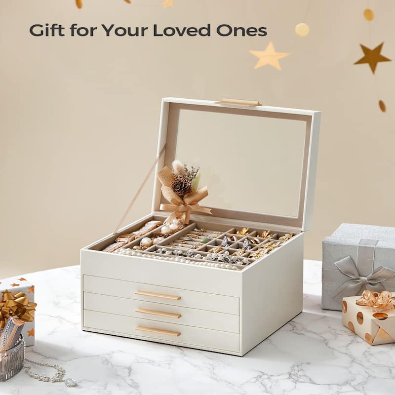 Modern Jewelry Organizer with Multiple Drawers Glass Top and Velvet Interior for Storage