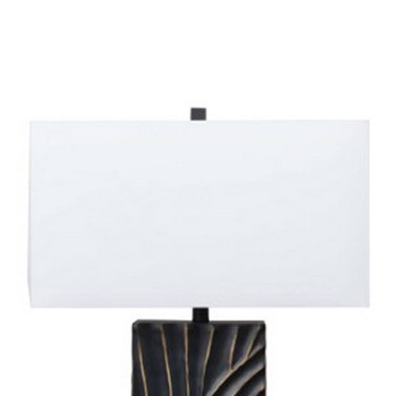 Len Table Lamp, White Rectangular Shade, Unique Lined Design Black Pedestal